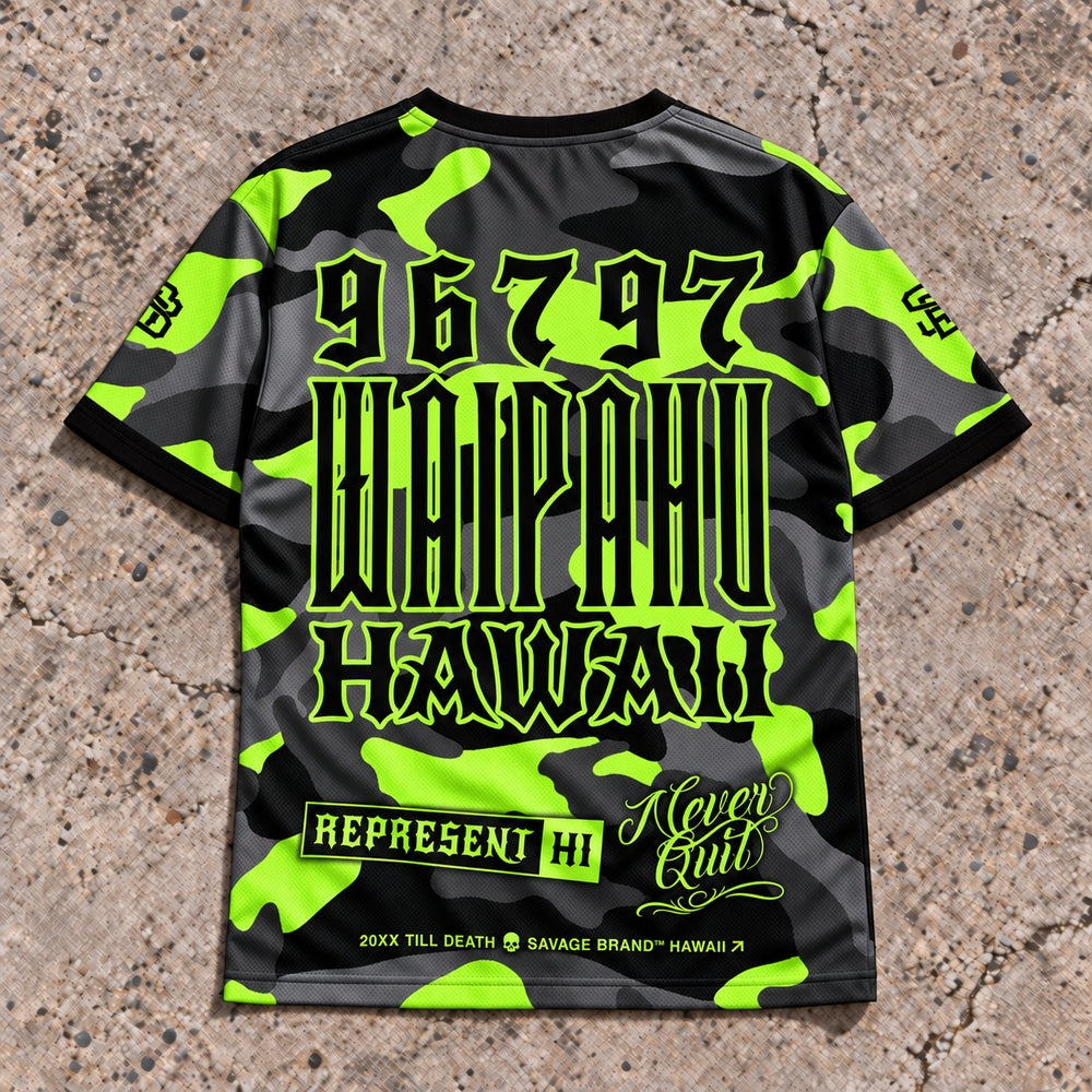 Waipahu 96797 ZIP Camo Jersey — Lime — back view
