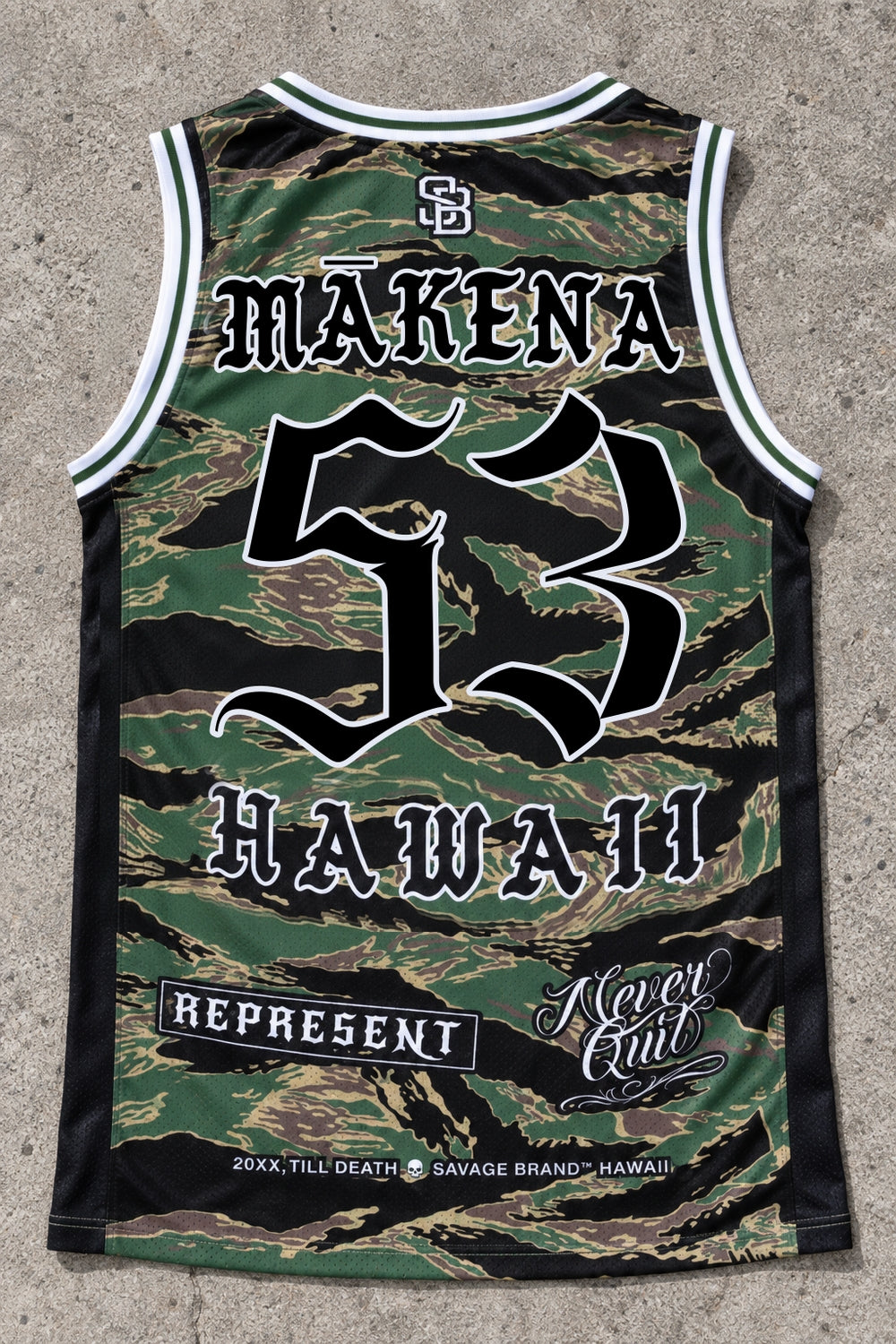 Mākena 53 Jersey Tank — Camo — back view