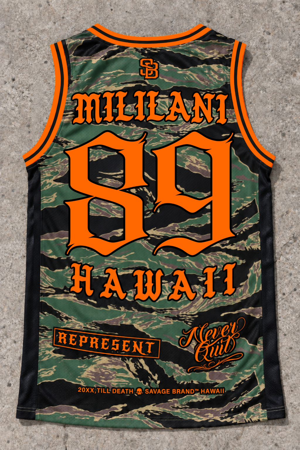Mililani 89 Jersey Tank — Camo Orange — back view