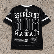 Represent 808 Black Jersey back view with REPRESENT 808 HAWAII lettering on concrete
