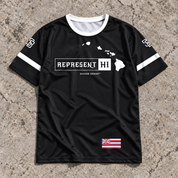 Represent 808 Black Jersey front view with Hawaiian islands and REPRESENT HI chest graphic on concrete