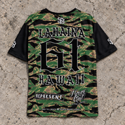 Back of the Lahaina 61 short-sleeve jersey in tiger camo, with LAHAINA town lettering above the number 61.