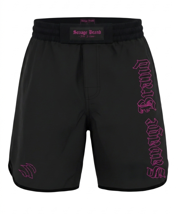Savage Wolves Purple Grappling Shorts in black with purple Savage Brand lettering