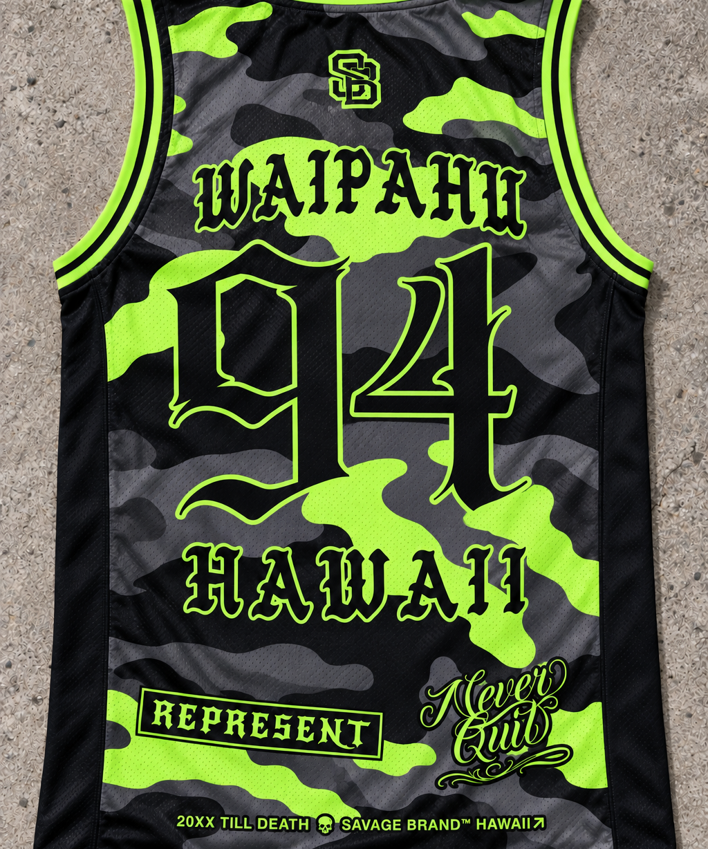 Waipahu 94 Jersey Tank — Camo Lime — back view